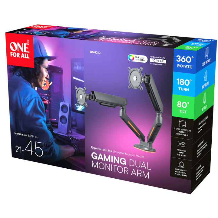 One For All DM8210 Uniwersalny uchwyt do monitora EXPERIENCE RGB, gaming, DUAL, czarny, 2x 21''-45'' 14kg