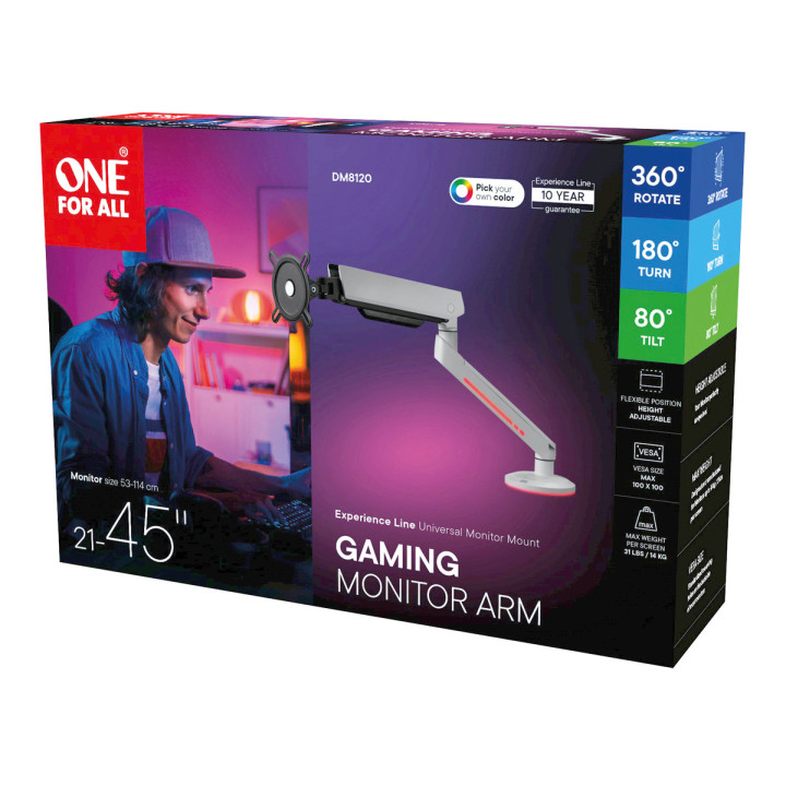 One For All DM8120 Uniwersalny uchwyt do monitora EXPERIENCE RGB, gaming, SINGLE, biały, 21''-45'' 14kg