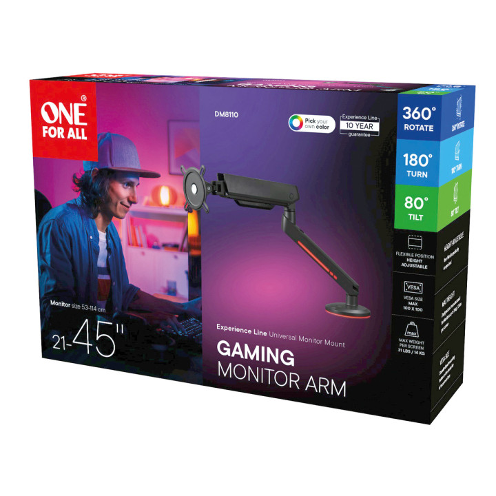 One For All DM8110 Uniwersalny uchwyt do monitora EXPERIENCE RGB, gaming, SINGLE, czarny, 21''-45'' 14kg