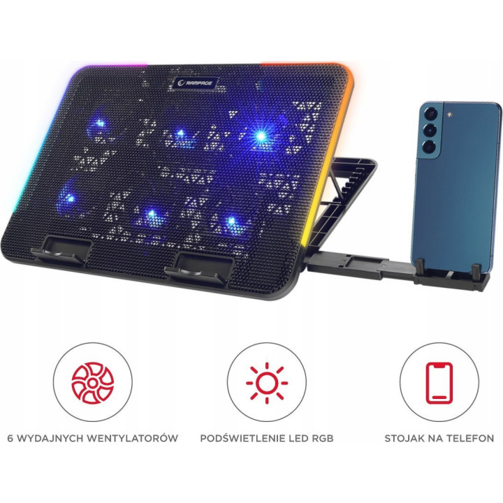Rampage Sixpower R9 - Podstawka chłodząca pod laptop 15,6", RGB, regulowana