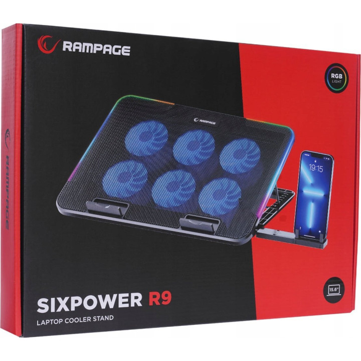 Rampage Sixpower R9 - Podstawka chłodząca pod laptop 15,6", RGB, regulowana