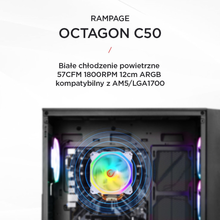 Rampage Octagon C50 Chłodzenie procesora LGA 1700/AM5 1800RPM wentylator 120mm ARGB biały