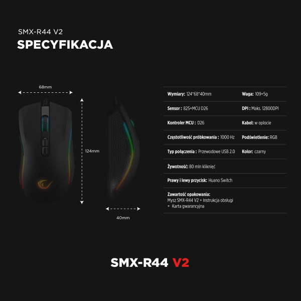 Rampage SMX-R44V2 gamingowa 12800 DPI RGB LED 1K Hz HUANO Makro czarna