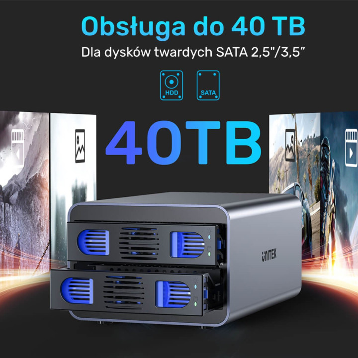 Unitek Obudowa RAID do dysku SATA 2.5"/3.5" 4 tryby 40TB USB C 10Gb/s