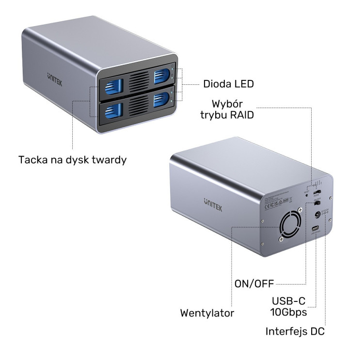 Unitek Obudowa RAID do dysku SATA 2.5"/3.5" 4 tryby 40TB USB C 10Gb/s