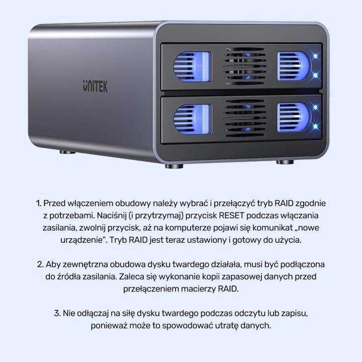 Unitek Obudowa RAID do dysku SATA 2.5"/3.5" 4 tryby 40TB USB C 10Gb/s
