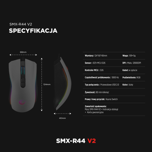 Rampage SMX-R44V2 gamingowa 12800 DPI RGB LED 1K Hz HUANO Makro biała