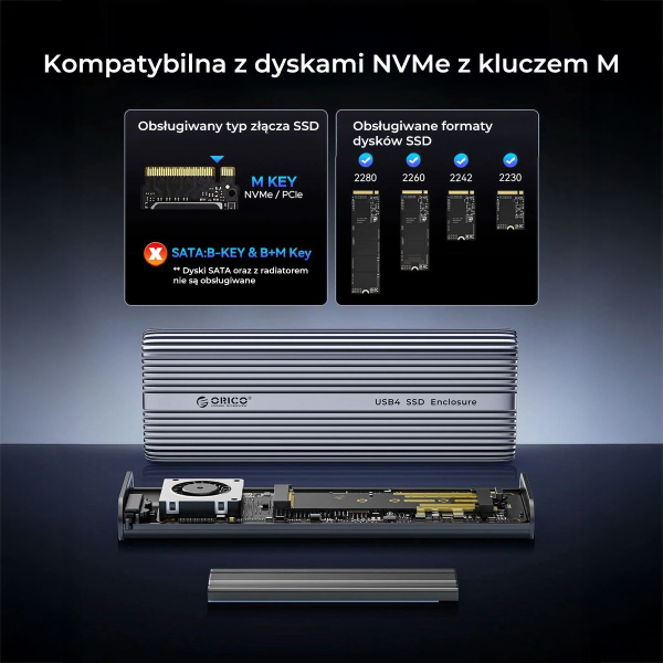 Orico Obudowa SSD M.2 NVMe, USB-C 40 Gbps, z wentylatorem, metalowa