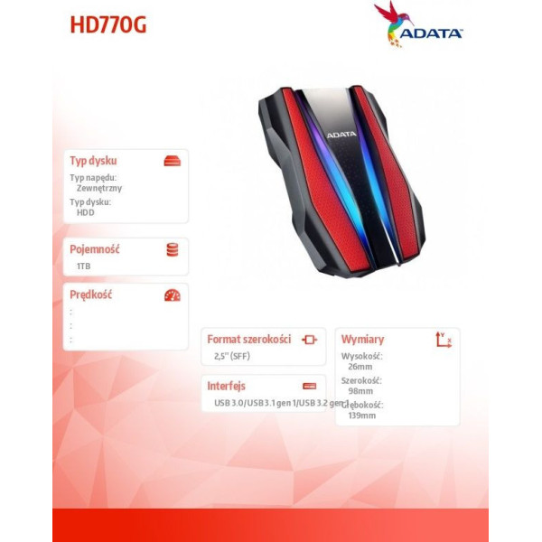 ADATA Durable HD770G 1TB USB3.2 Red