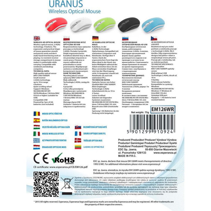 Mysz Esperanza EM126EK (optyczna; 1600 DPI; kolor czarny)