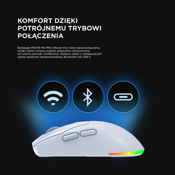 Rampage Prote M5 Pro mysz bezprzewodowa 26000 DPI RGB LED 1K Hz biała