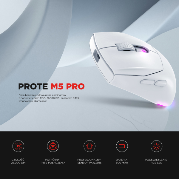 Rampage Prote M5 Pro mysz bezprzewodowa 26000 DPI RGB LED 1K Hz biała