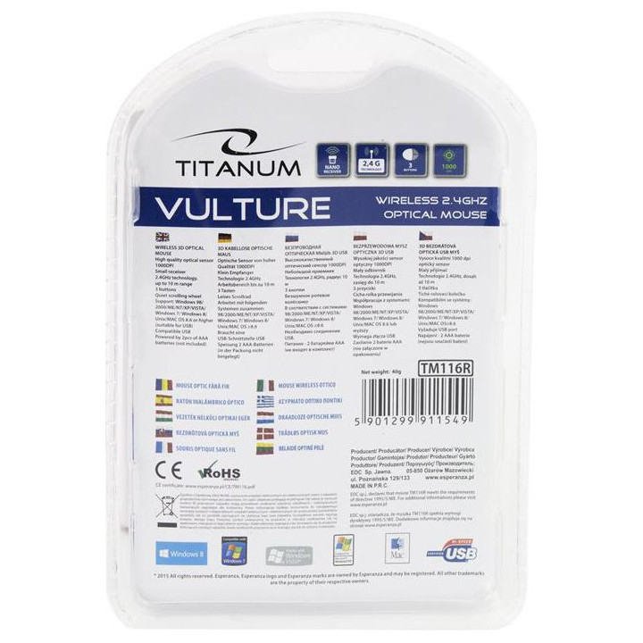 Mysz komputerowa TITANUM VULTURE TM116R (optyczna; 1000 DPI; kolor czarny kolor czerwony)