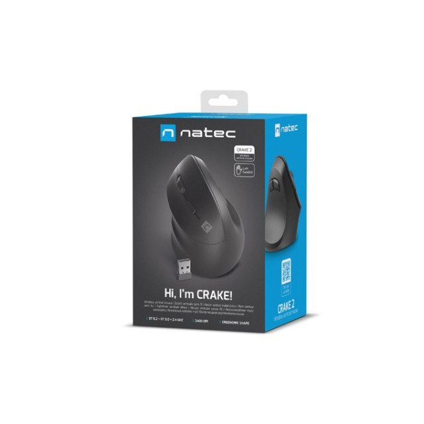 NATEC MYSZ WERTYKALNA CRAKE 2 BEZPRZEWODOWA BLUETOOTH 5.0+2.4GHZ 2400DPI DLA LEWORĘCZNYCH CZARNA NMY-2049