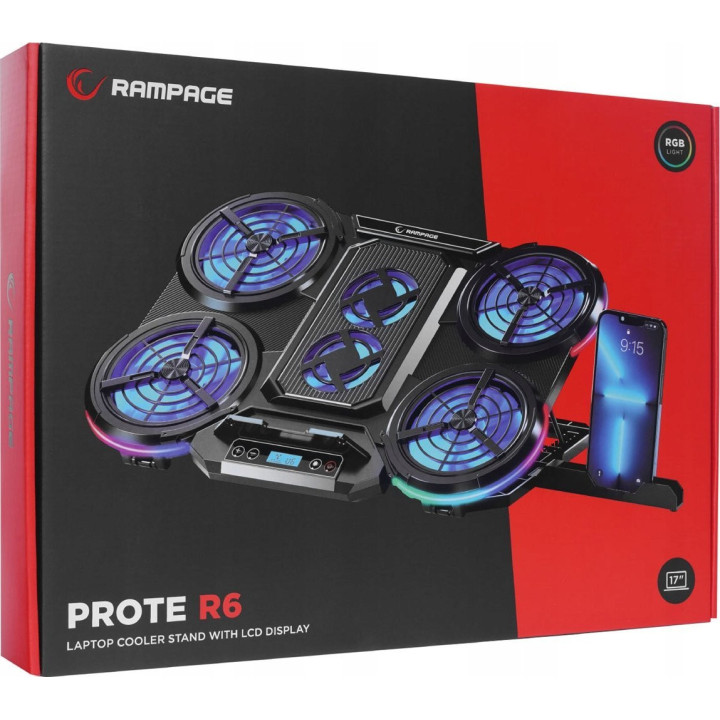 Rampage PROTE R6 - Podstawka chłodząca pod laptop 10-17", RGB, regulowana