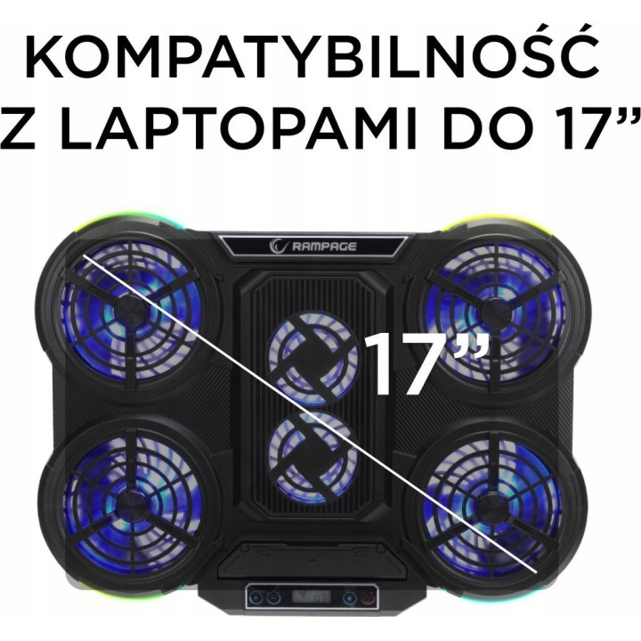 Rampage PROTE R6 - Podstawka chłodząca pod laptop 10-17", RGB, regulowana