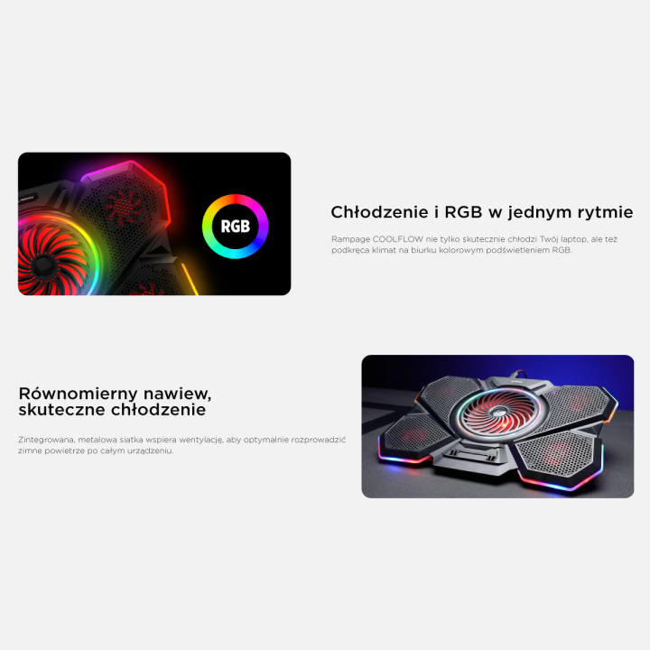 Rampage Podstawka chłodząca pod laptop 9-17'' COOLFLOW RGB regulowana czarna