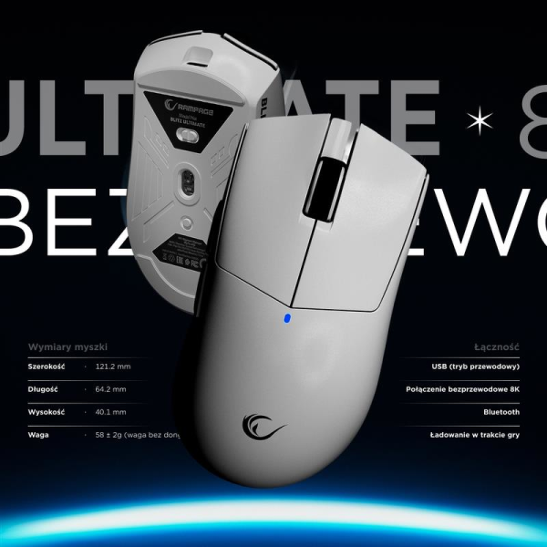 Rampage BLITZ ULTIMATE bezprzewodowa optyczna 8K 30000DPI PAW3950 Biała