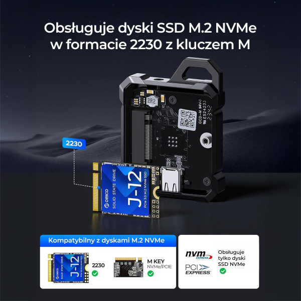 Orico Obudowa na dysk M.2 NVMe 2230, USB-C 10 Gbps, wzmocniona, metalowa
