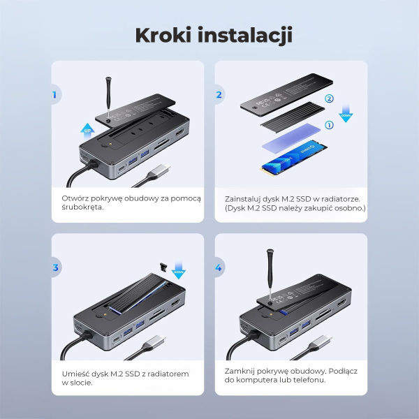 Orico Stacja dokująca USB-C z obudową na dysk M.2, 10 Gbps, HDMI 4K 60Hz