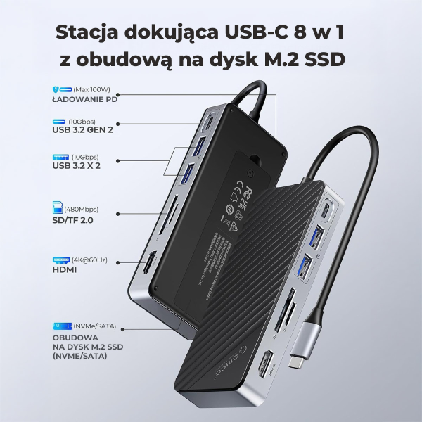 Orico Stacja dokująca USB-C z obudową na dysk M.2, 10 Gbps, HDMI 4K 60Hz