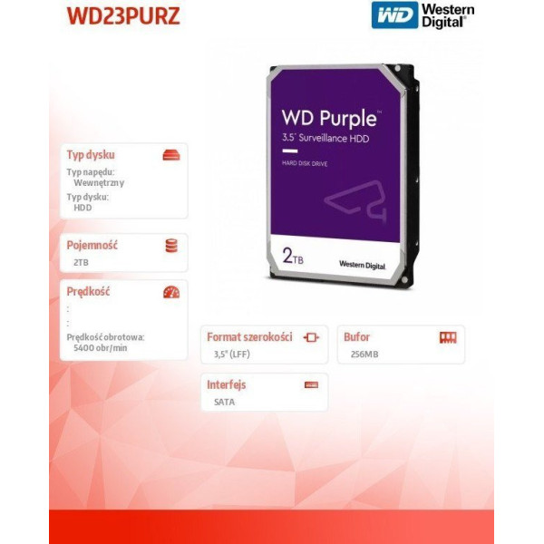 Dysk twardy HDD WD Purple 2TB 3 5 SATA WD23PURZ
