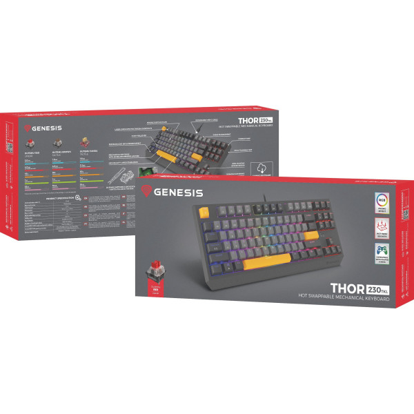KLAWIATURA DLA GRACZY GENESIS THOR 230 TKL ANCHOR GRAY NEGATIVE US RGB MECHANICZNA OUTEMU RED
