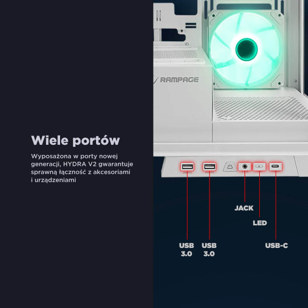 Rampage Hydra V2 Obudowa PC akwarium 4x wentylator ARGB biała