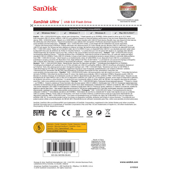 Pendrive SanDisk Cruzer Ultra SDCZ48-064G-U46 (64GB; USB 3.0; kolor czarny)