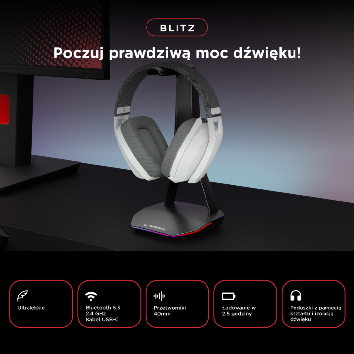 Rampage Słuchawki gamingowe, bezprzewodowe BLITZ z mikrofonem, Bluetooth 5.3, szare
