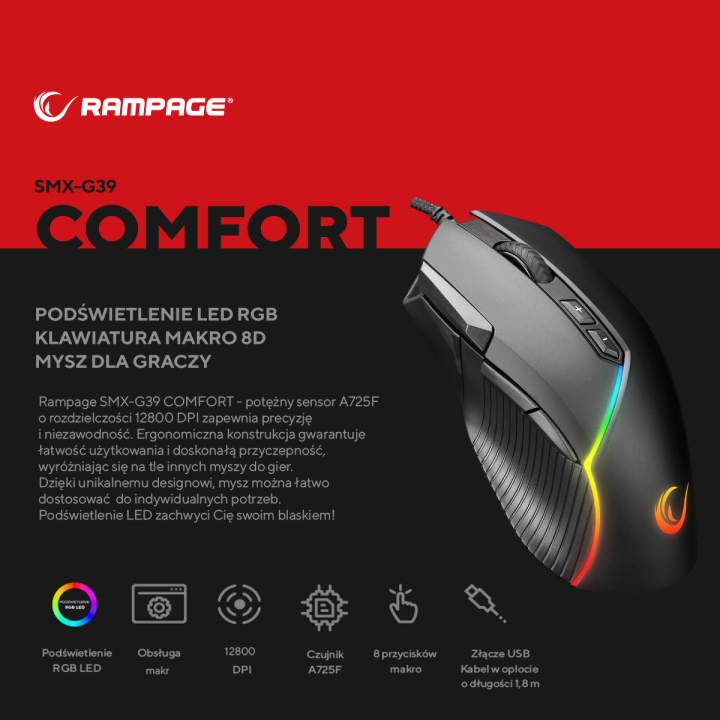 Rampage Comfort myszka gamingowa, programowalna 12800 DPI RGB, czarna