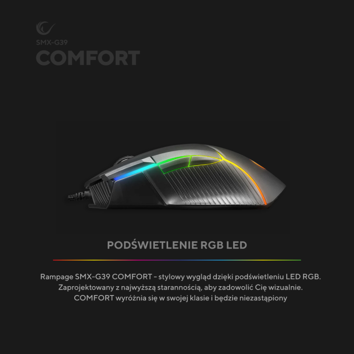 Rampage Comfort myszka gamingowa, programowalna 12800 DPI RGB, czarna