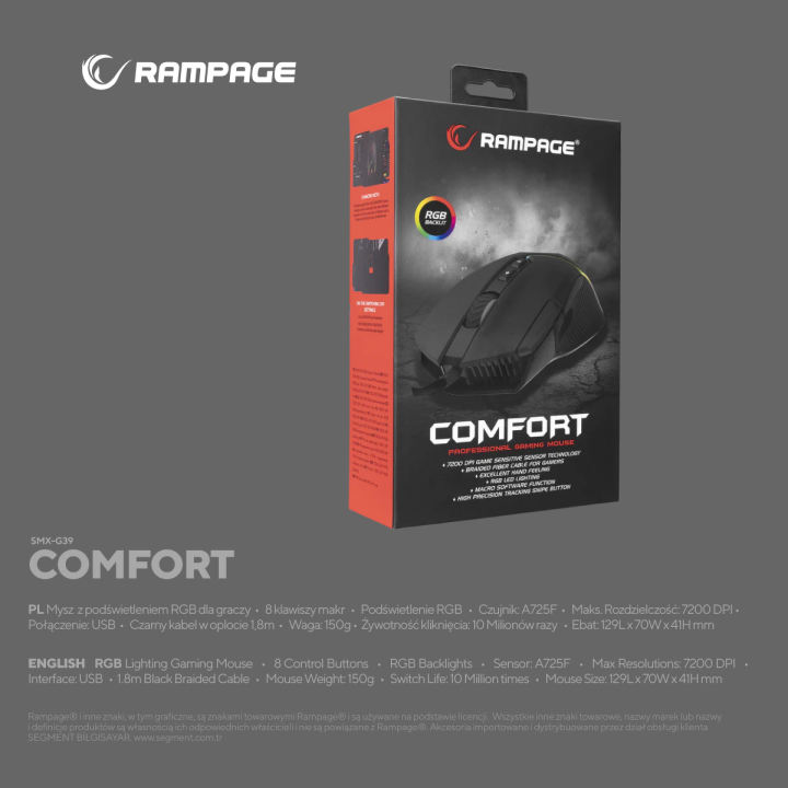 Rampage Comfort myszka gamingowa, programowalna 12800 DPI RGB, czarna