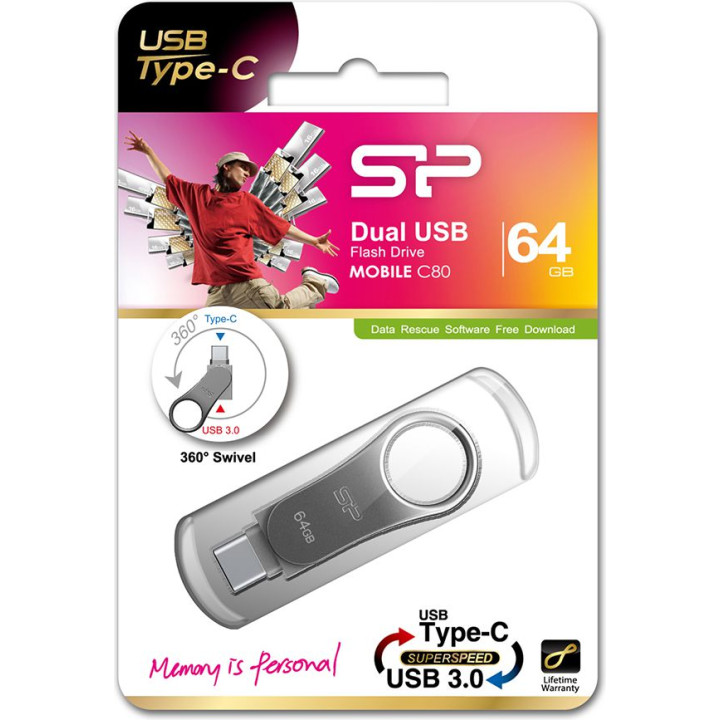 Pendrive Silicon Power Mobile C80 64GB Dual USB 3.1/Type-C Silver (SP064GBUC3C80V1S)