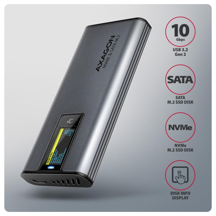 Obudowa zewnętrzna Axagon do dysków M.2 NVMe & SATA SSD/ USB-C 3.2 G2 szara
