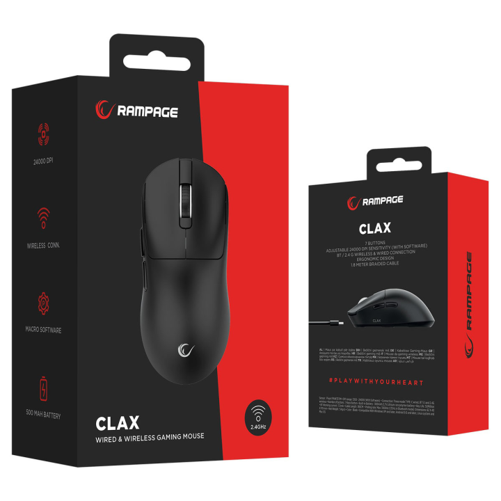 Rampage Clax PAW3311 1k Hz 24 000 DPI bezprzewodowa BT 5.1 czarna