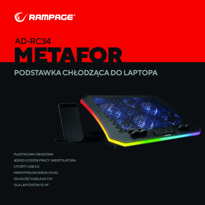 Rampage Podstawka Podkładka chłodząca pod laptopa 10-19" LED USB RGB cicha