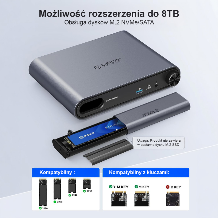 Orico Stacja dokująca USB-C z obudową M.2 NVMe/SATA, audio 3,5mm, RJ45, HDMI 4K@60Hz, PD 100W