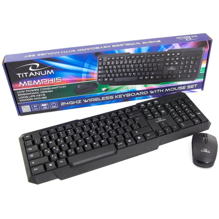 Zestaw klawiatura + mysz TITANUM MEMPHIS TK108 (USB; (US); kolor czarny; optyczna; 1000 DPI)