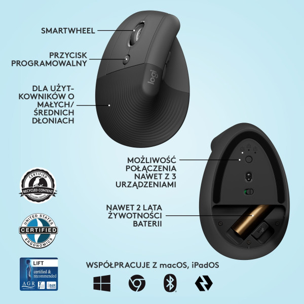 Mysz bezprzewodowa Logitech Lift ergonomiczna dla leworęcznych grafitowa 910-006474