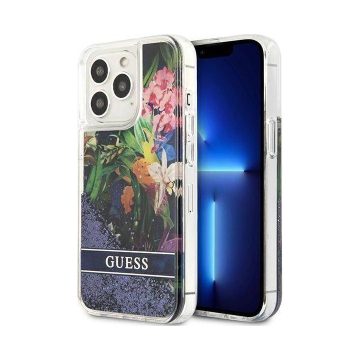Guess Liquid Glitter Flower do iPhone 13 Pro (niebieski)