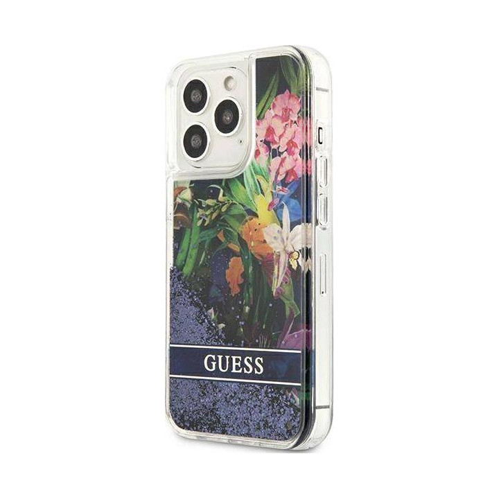 Guess Liquid Glitter Flower do iPhone 13 Pro (niebieski)