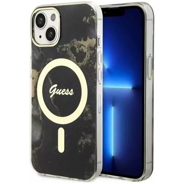 Guess Golden Marble MagSafe - Etui iPhone 14 Plus (Czarny)