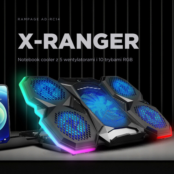 Rampage AD-RC14 X-RANGER Podstawka chłodząca pod laptop 9-17'' RGB regulowana cicha