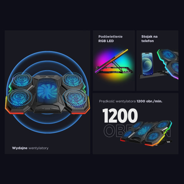 Rampage AD-RC14 X-RANGER Podstawka chłodząca pod laptop 9-17'' RGB regulowana cicha