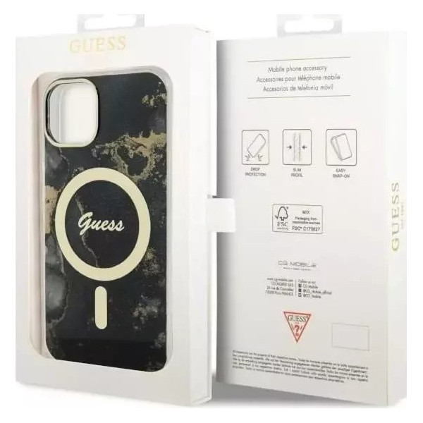 Guess Golden Marble MagSafe - Etui iPhone 14 Plus (Czarny)