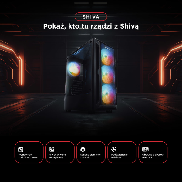 Rampage SHIVA Obudowa PC z oknem 4x wentylator 120mm Rainbow czarna
