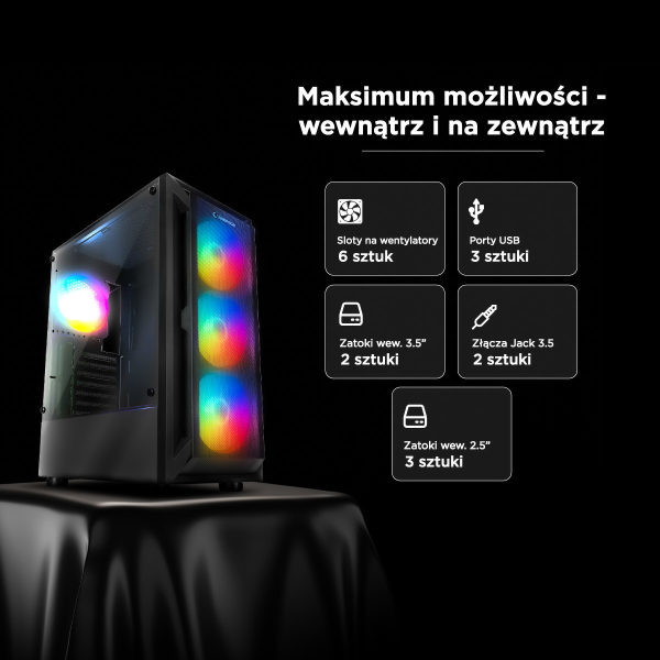 Rampage SHIVA Obudowa PC z oknem 4x wentylator 120mm Rainbow czarna