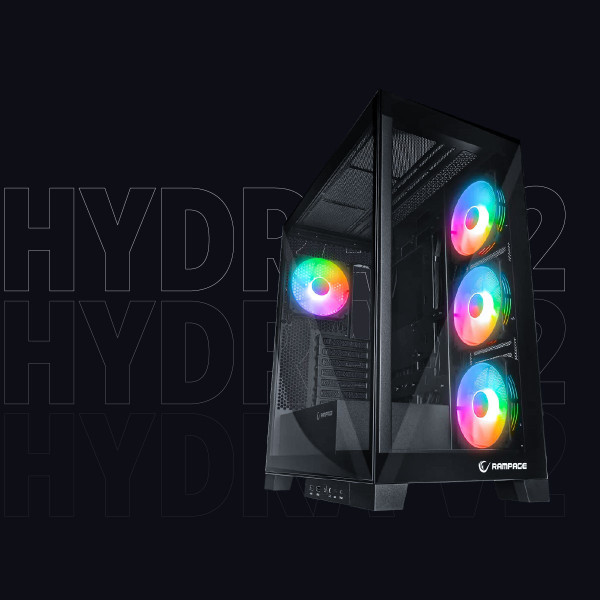 Rampage Hydra V2 Obudowa PC akwarium 4x wentylator ARGB czarna