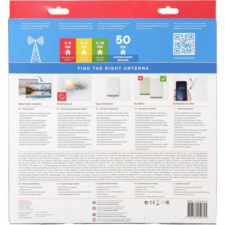 Wzmacniana antena zewnętrzna One For All SV9455-5G panelowa, biała, zasięg 50km